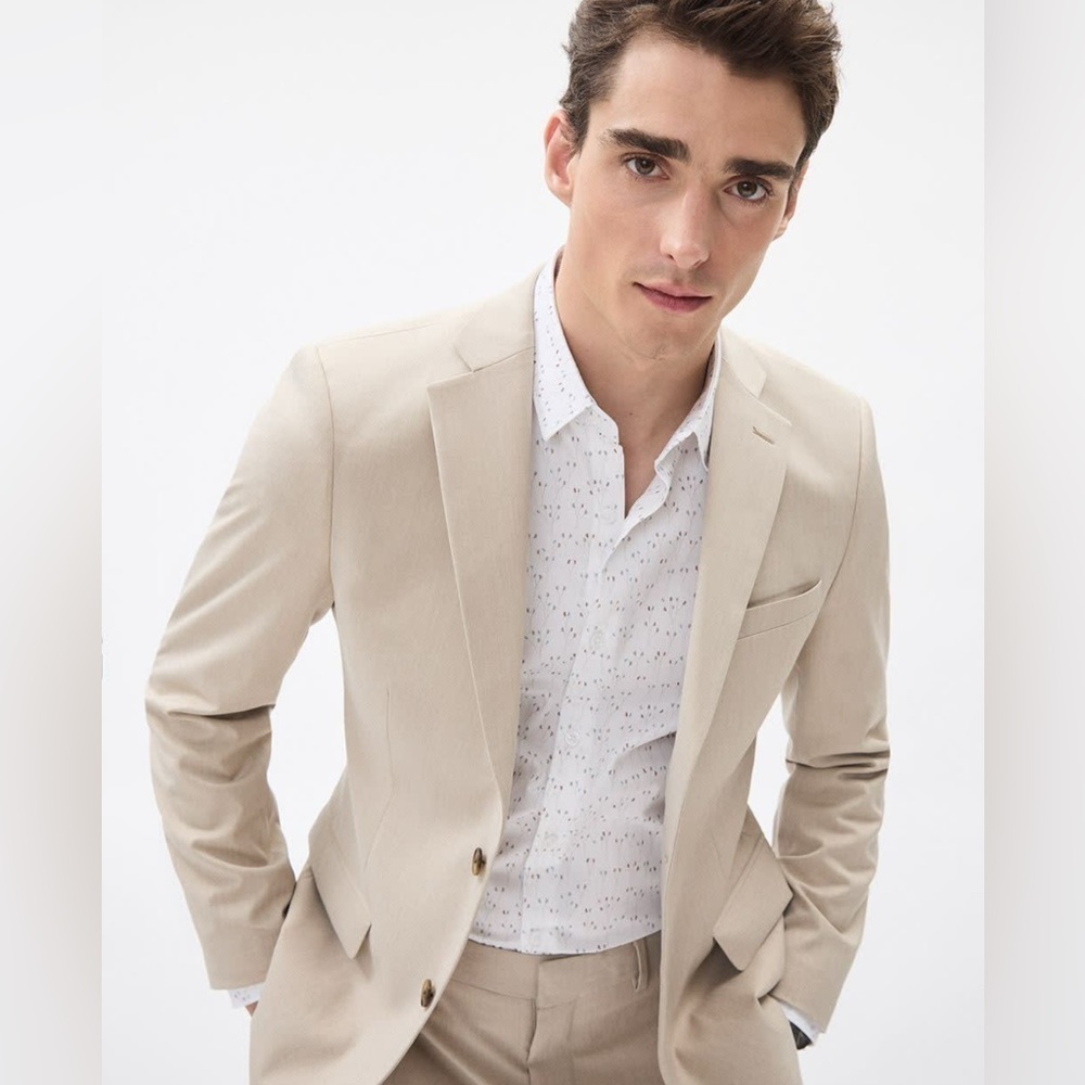 RW&CO beige 2 button stretch trendy linen blend lined slim fit 2 piece suit 34
